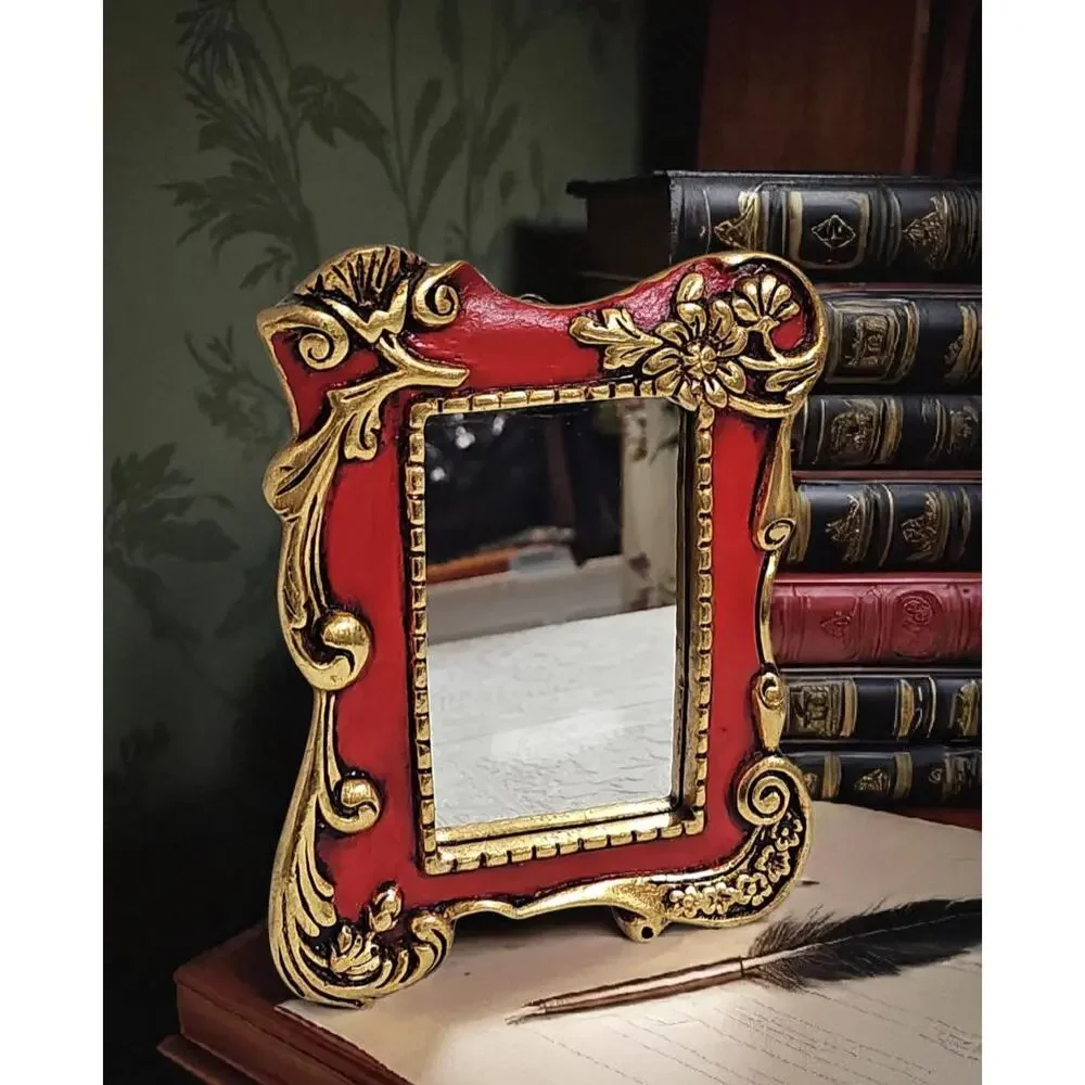 Vintage Red and Gold Ornate Accent Mirror Wall Hanging Scroll Accent Floral